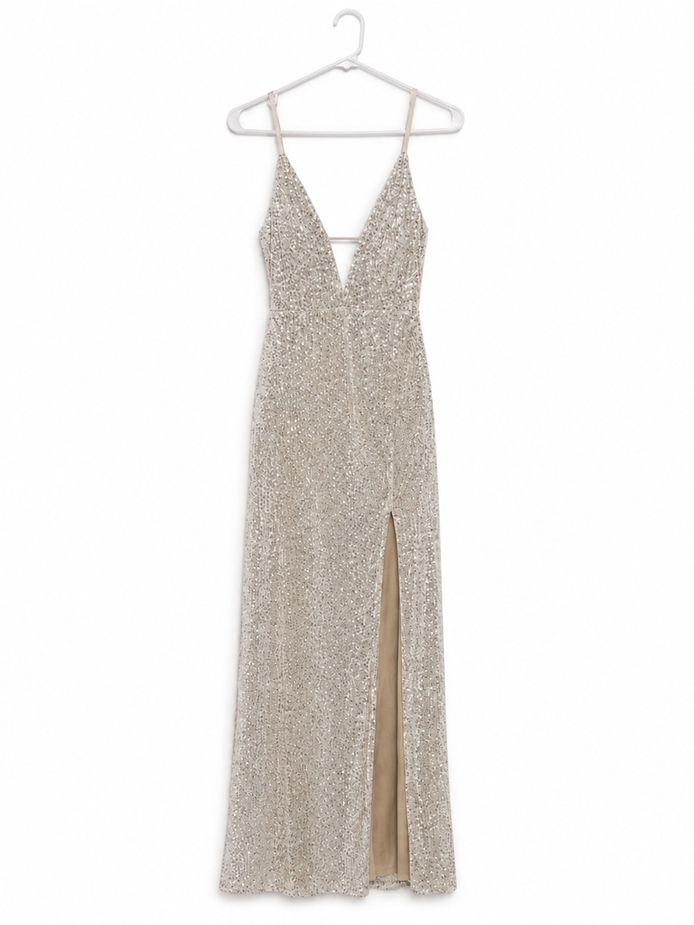 Speechless Champagne Sequin Plunge V-Neck Gown
